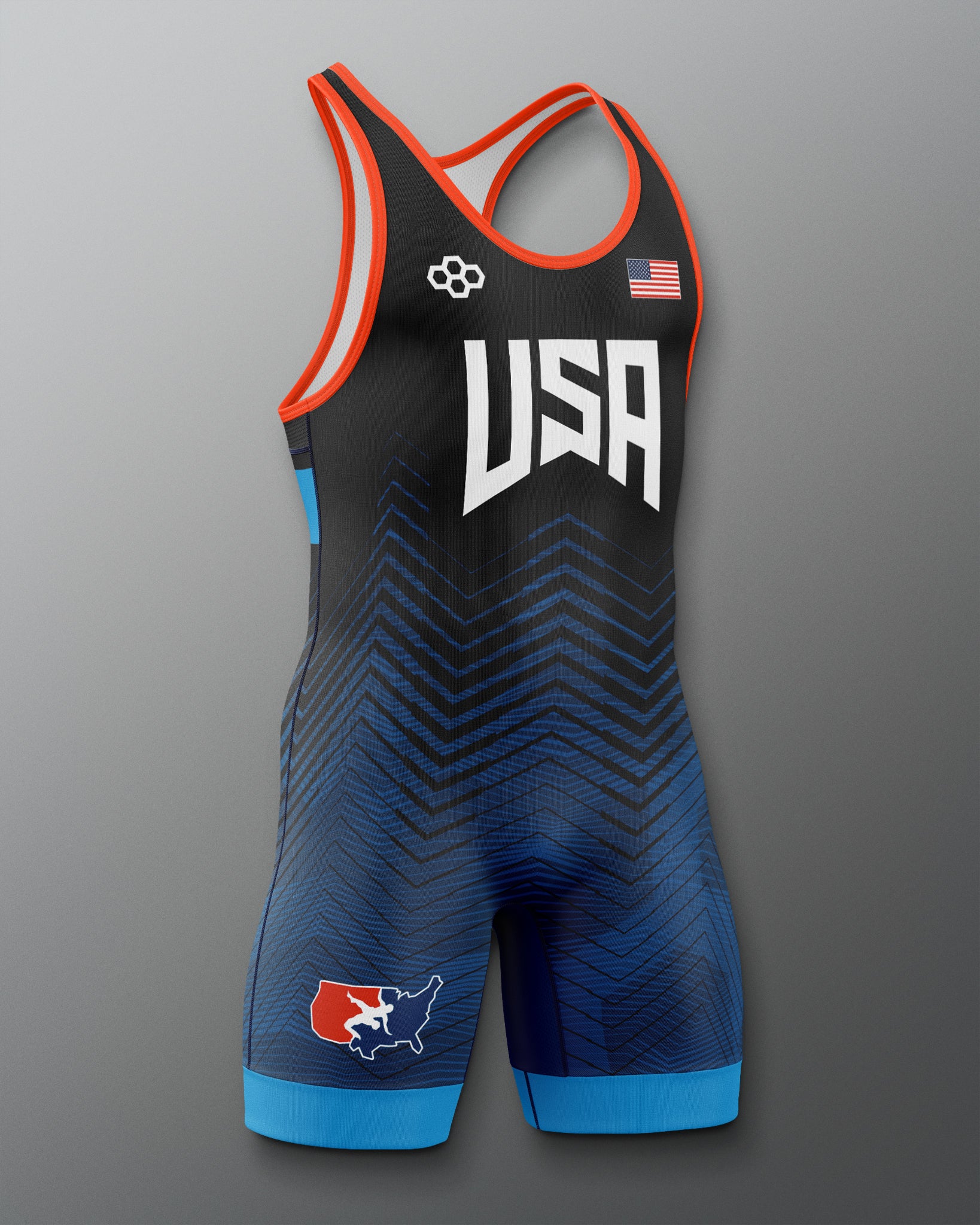 Freestyle Wrestling singlet with 'USA', USA Wrestling Logo, and American flag design on a red and blue gradient background