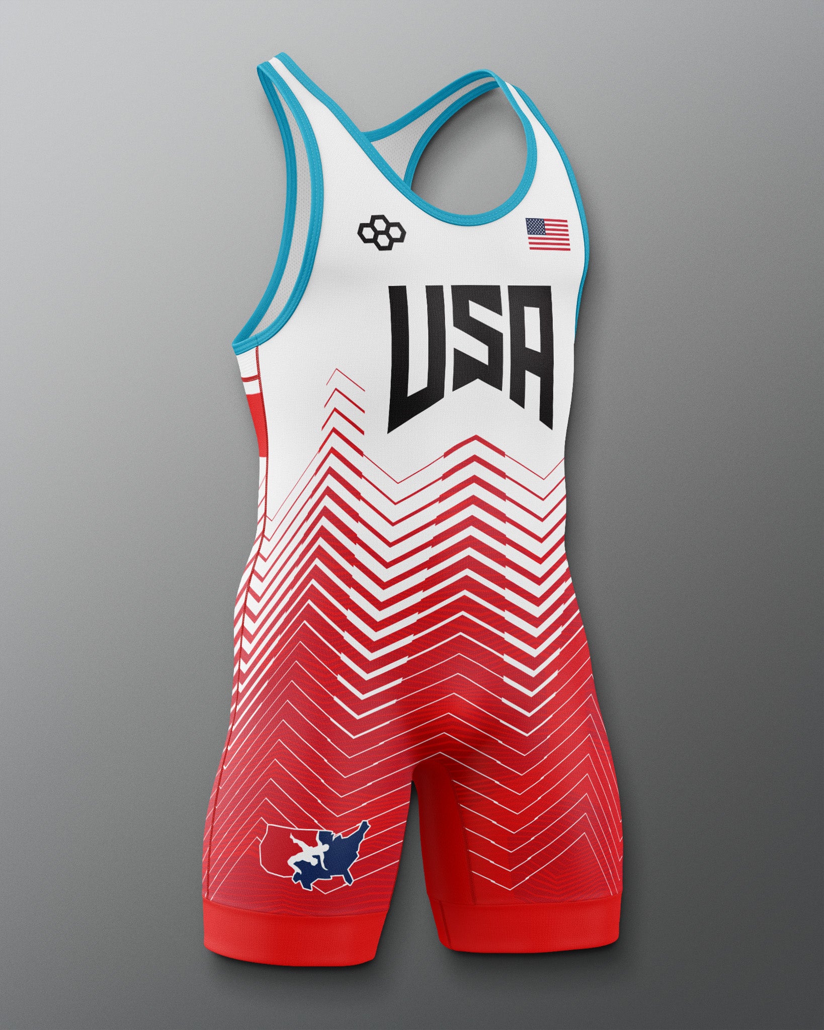 Freestyle Wrestling singlet with USA, USA Wrestling logo and American flag design on a gradient background