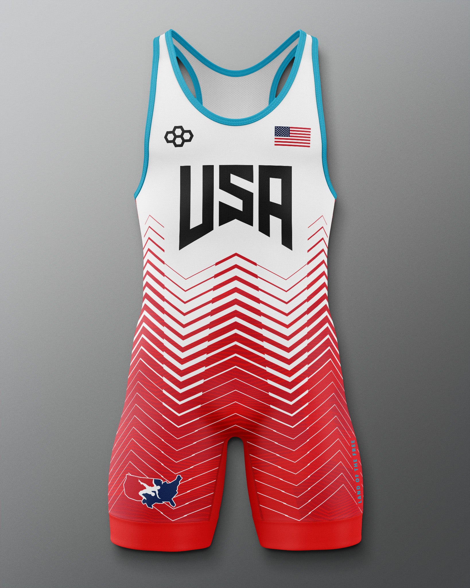 Freestyle Wrestling singlet with 'USA' and American flag design with USA Wrestling Logo on a gray background