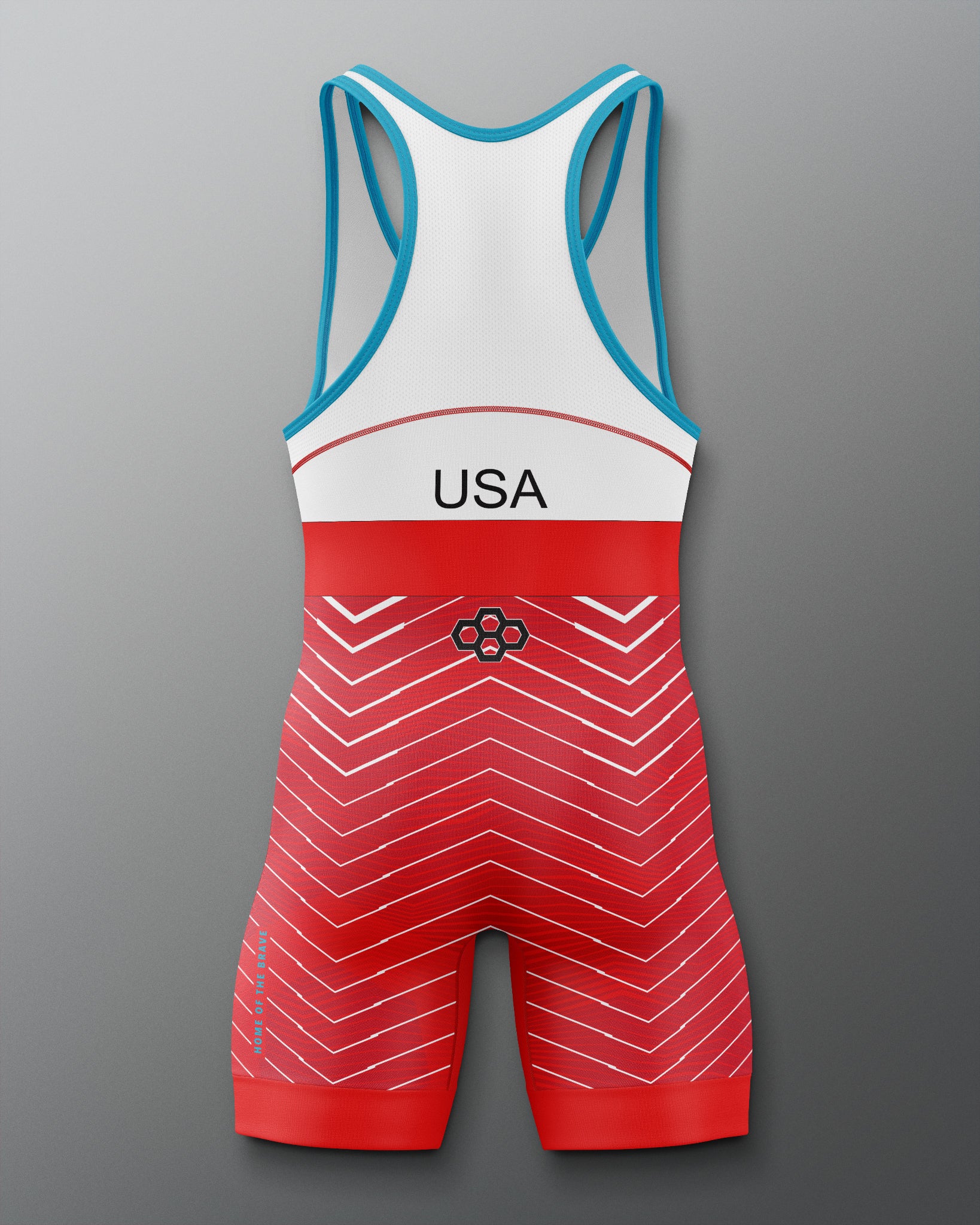 Red and white Freestyle wrestling singlet with 'USA' on a gray background