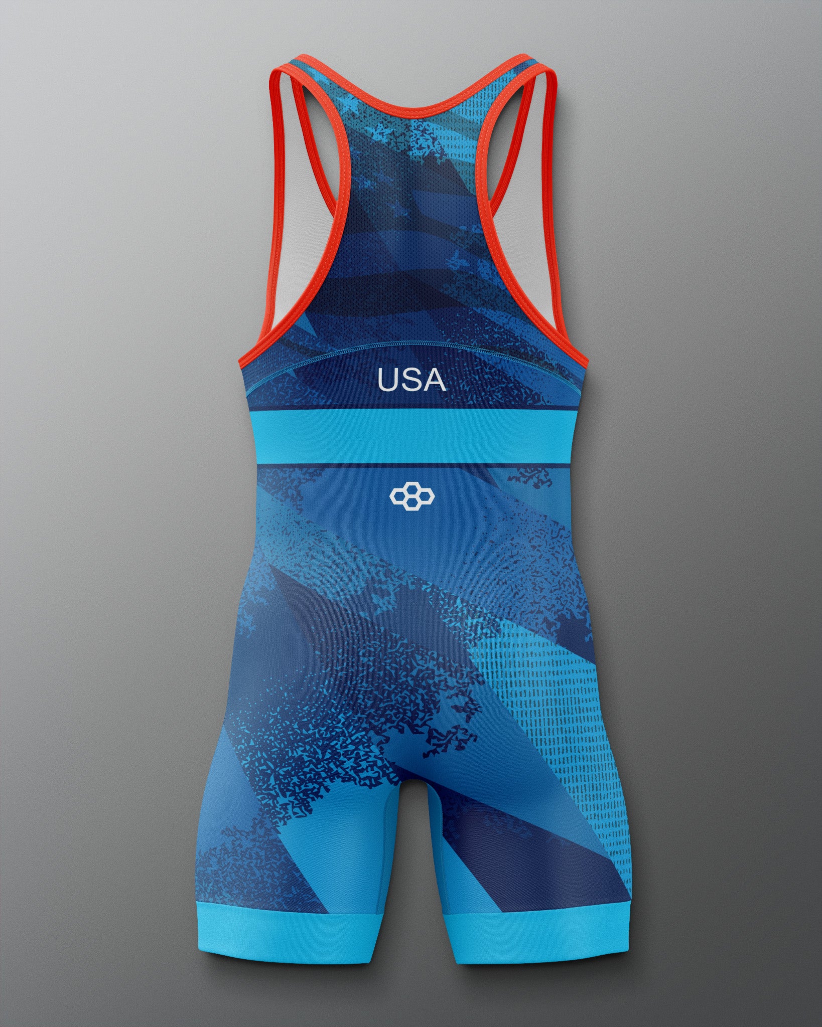 Blue and red Freestyle Wrestling singlet with 'USA' branding on a gray background