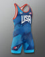 Blue Freestyle Wrestling singlet with 'USA' branding on a gray background