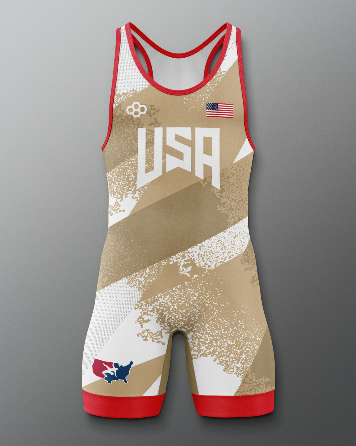 Freestyle Wrestling singlet with 'USA' and American flag design on a gray background