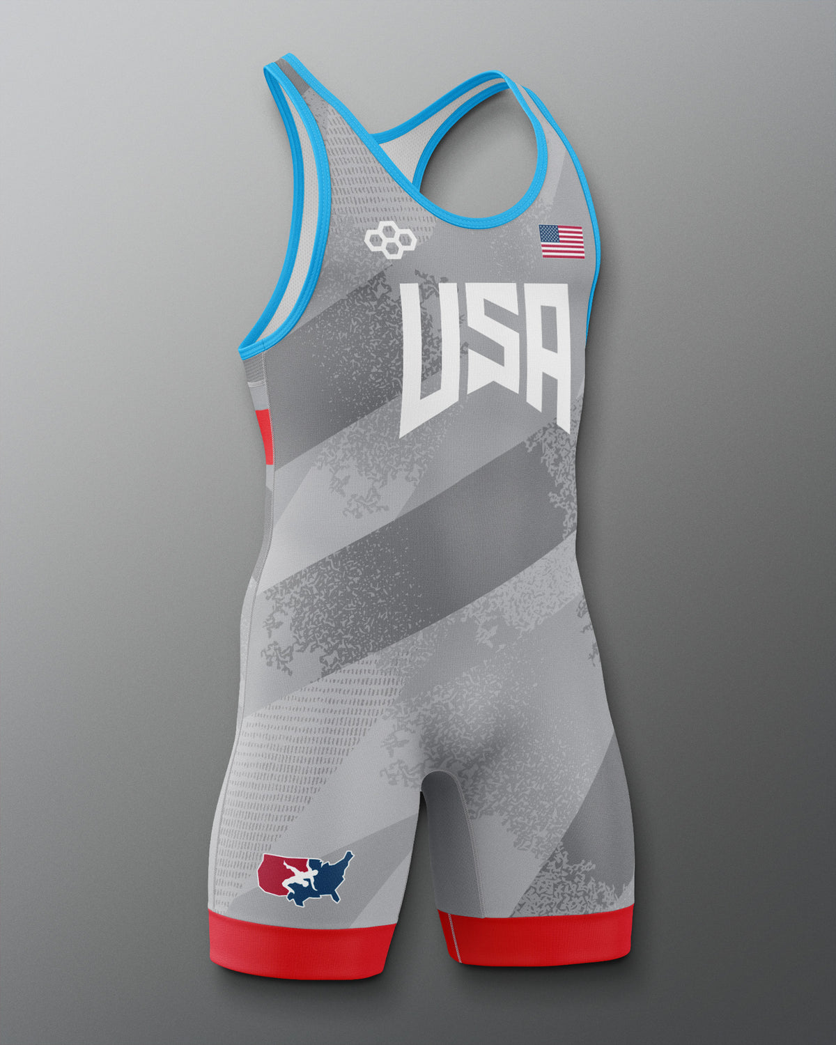Freestyle Wrestling singlet with 'USA' and American flag design on a gray background