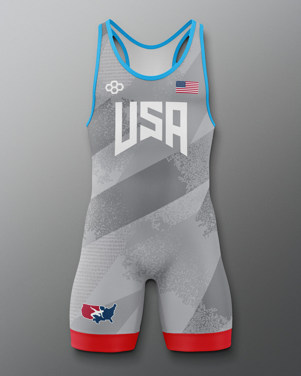 Gray Freestyle Wrestling Singlet with 'USA' and American flag design on a gray background