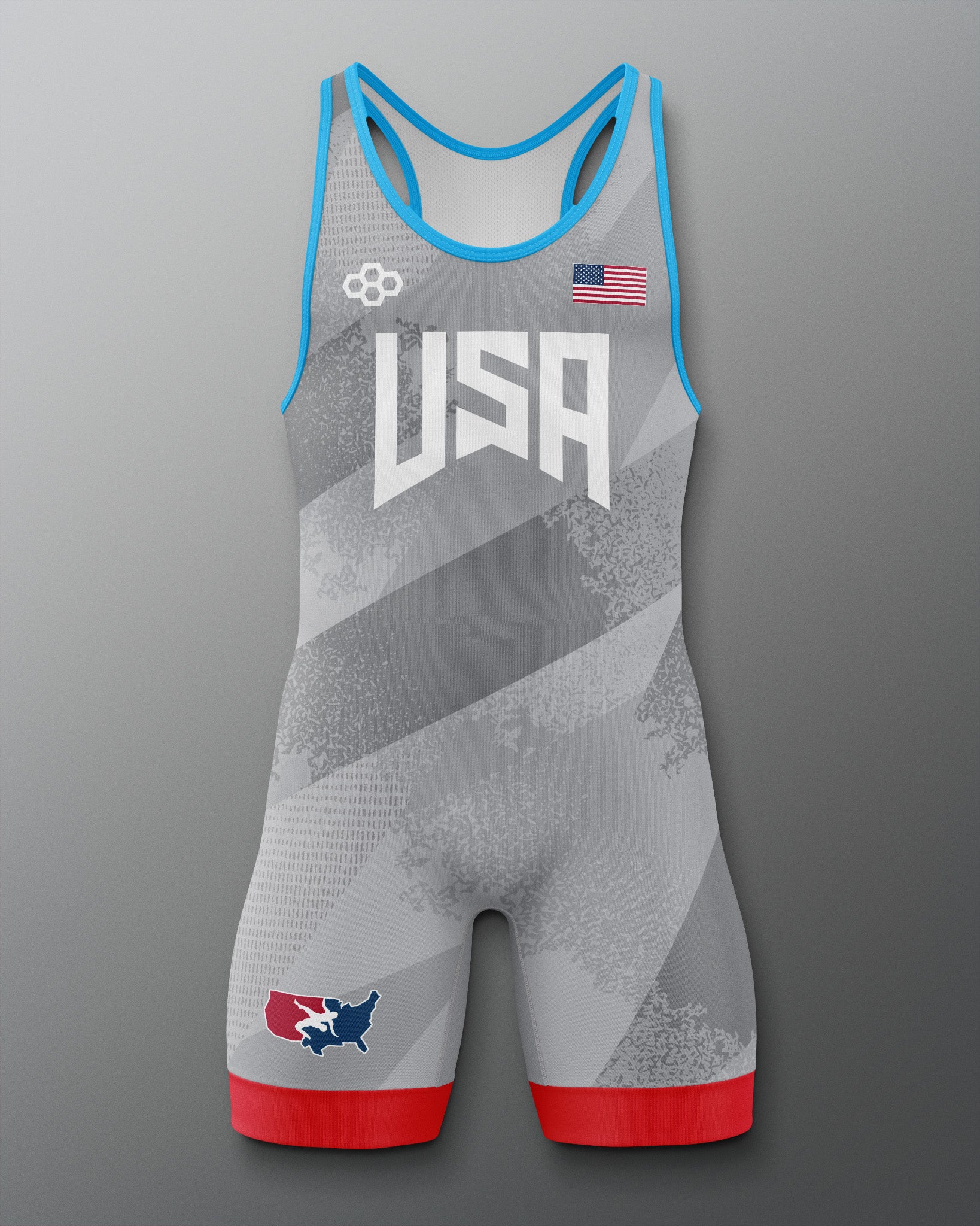 Gray Freestyle Wrestling Singlet with 'USA' and American flag design on a gray background