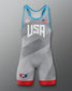 Gray Freestyle Wrestling Singlet with 'USA' and American flag design on a gray background