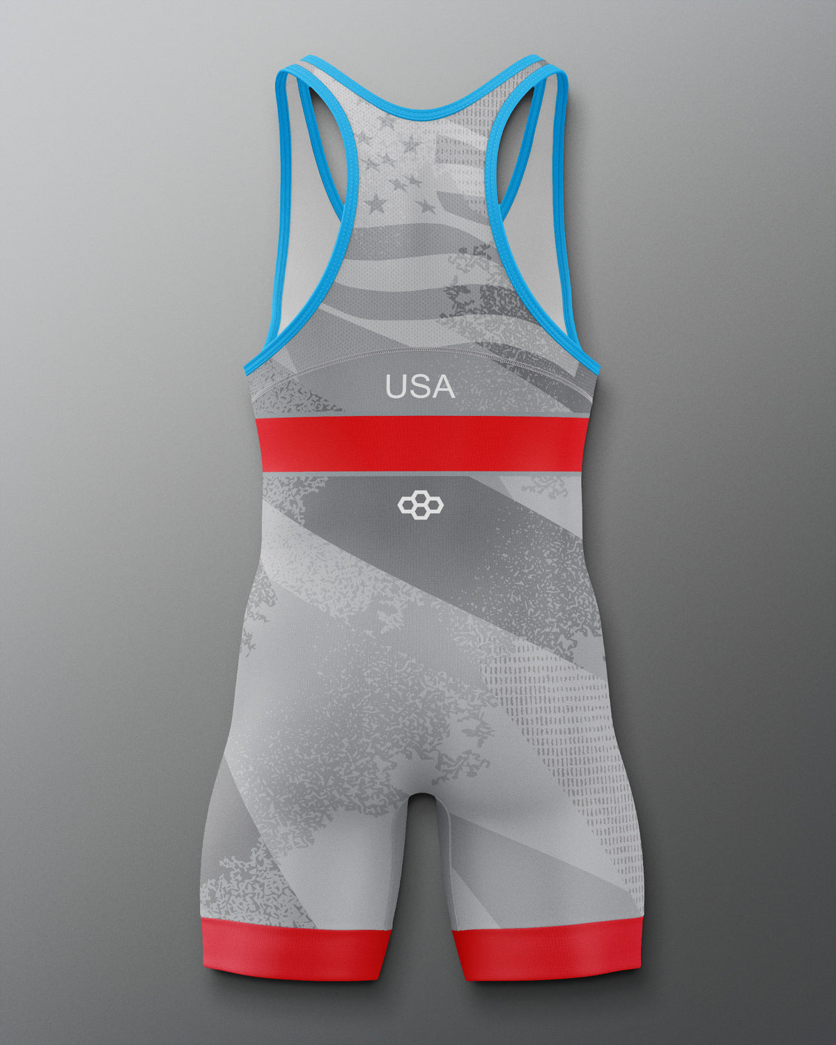 Gray and red Freestyle wrestling singlet with blue straps on a gray background