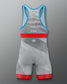 Gray and red Freestyle wrestling singlet with blue straps on a gray background