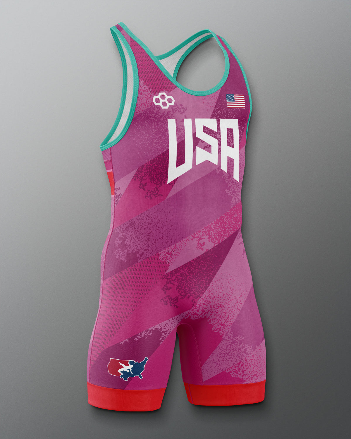 Pink and red Freestyle wrestling singlet with 'USA' branding on a gray background