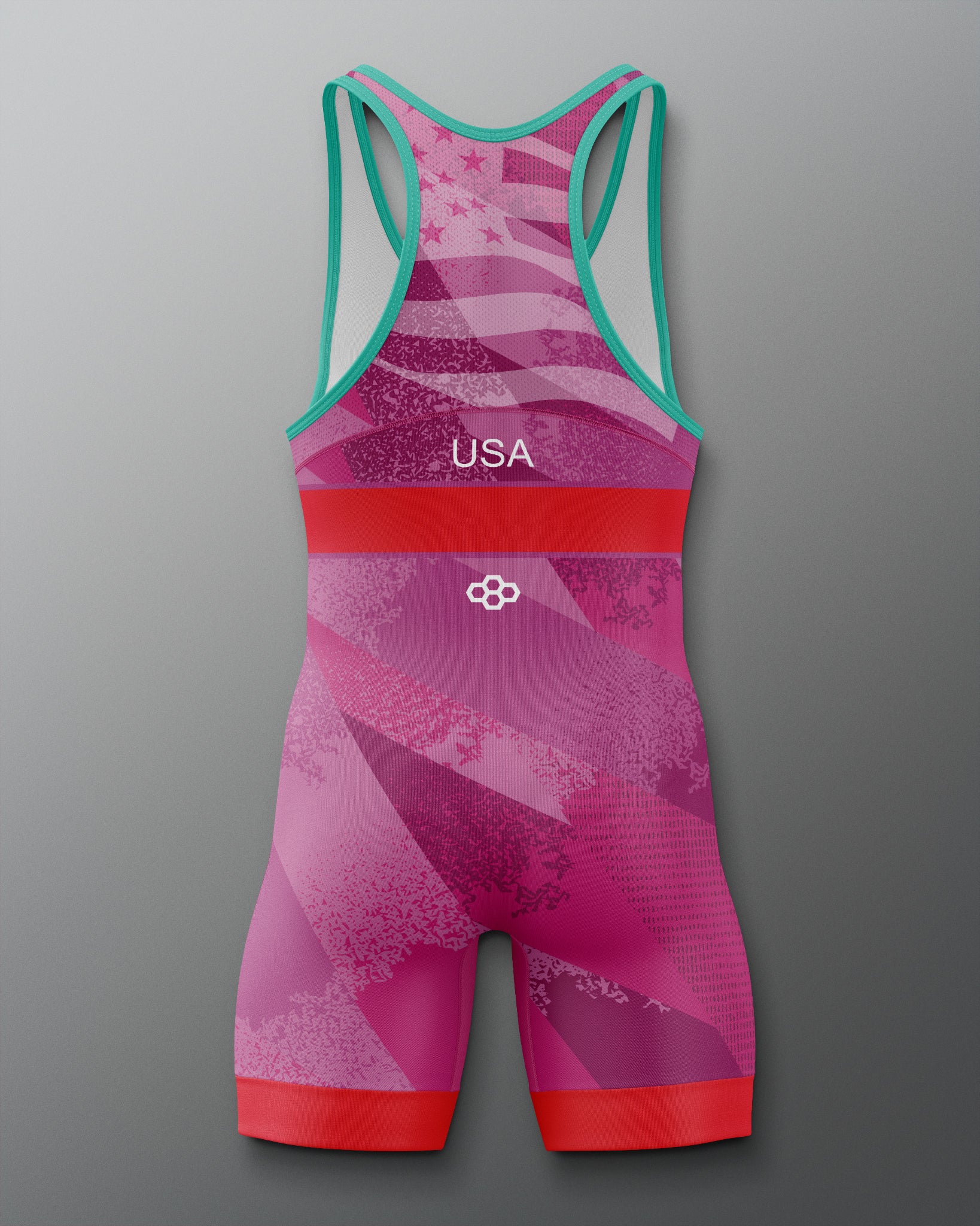 Pink and red Freestyle Wrestling Singlet with 'USA' branding on a gray background