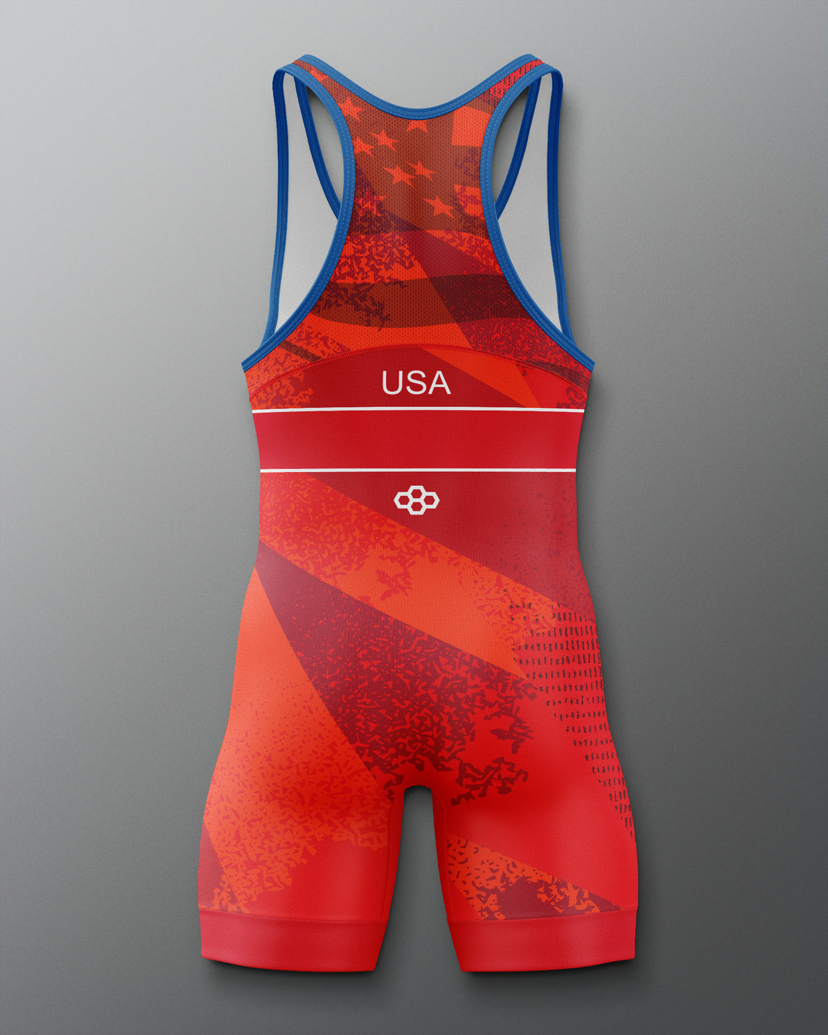 Red Freestyle wrestling singlet with blue straps on a gray background