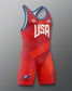 Red Freestyle wrestling singlet with 'USA' text on a gradient background