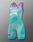 Teal freestyle wrestling singlet with 'USA' text on a gradient red to blue background