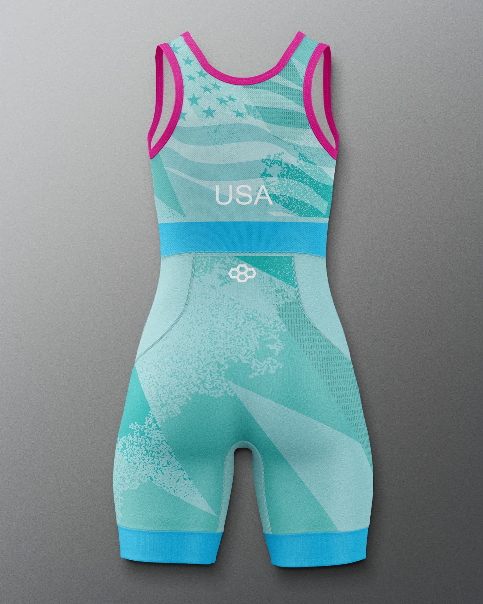 Teal and pink freestyle wrestling singlet with 'USA' branding on a gradient background
