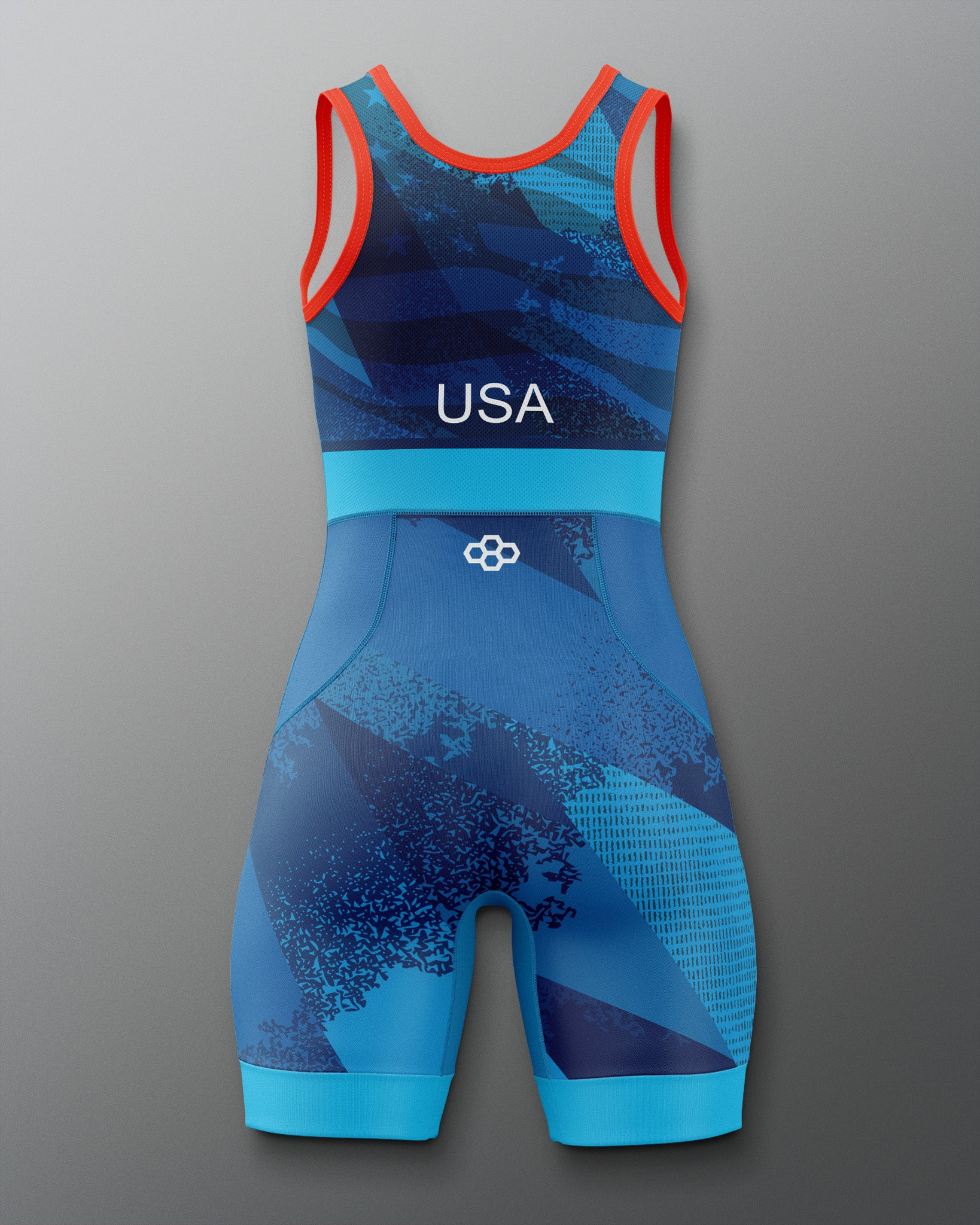 Blue and red freestyle wrestling singlet with 'USA' branding on a gray background