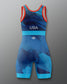 Blue and red freestyle wrestling singlet with 'USA' branding on a gray background