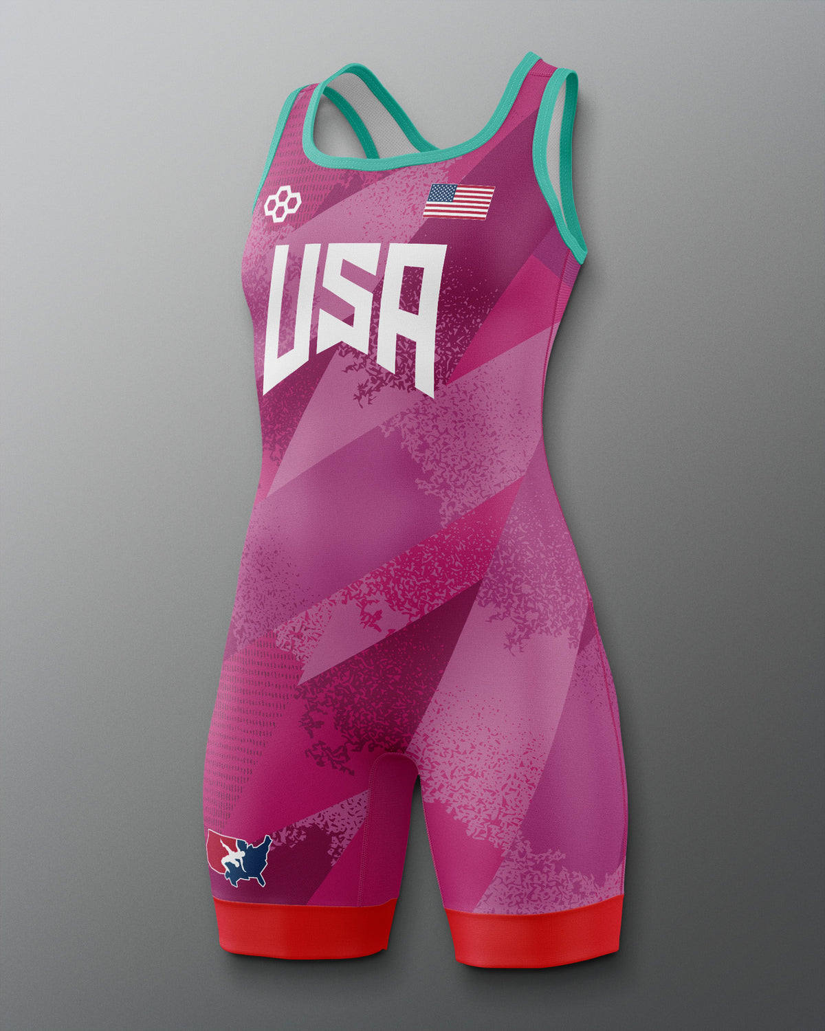 Pink and red freestyle wrestling singlet with 'USA' text on a gray background