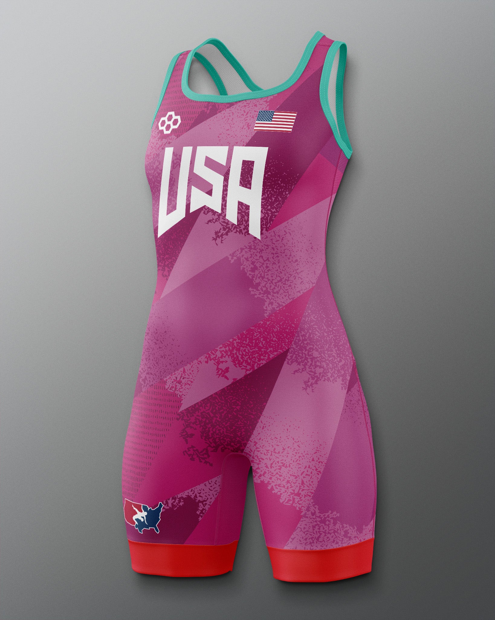 Pink and red freestyle wrestling singlet with 'USA' text on a gray background