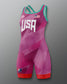 Pink and red freestyle wrestling singlet with 'USA' text on a gray background