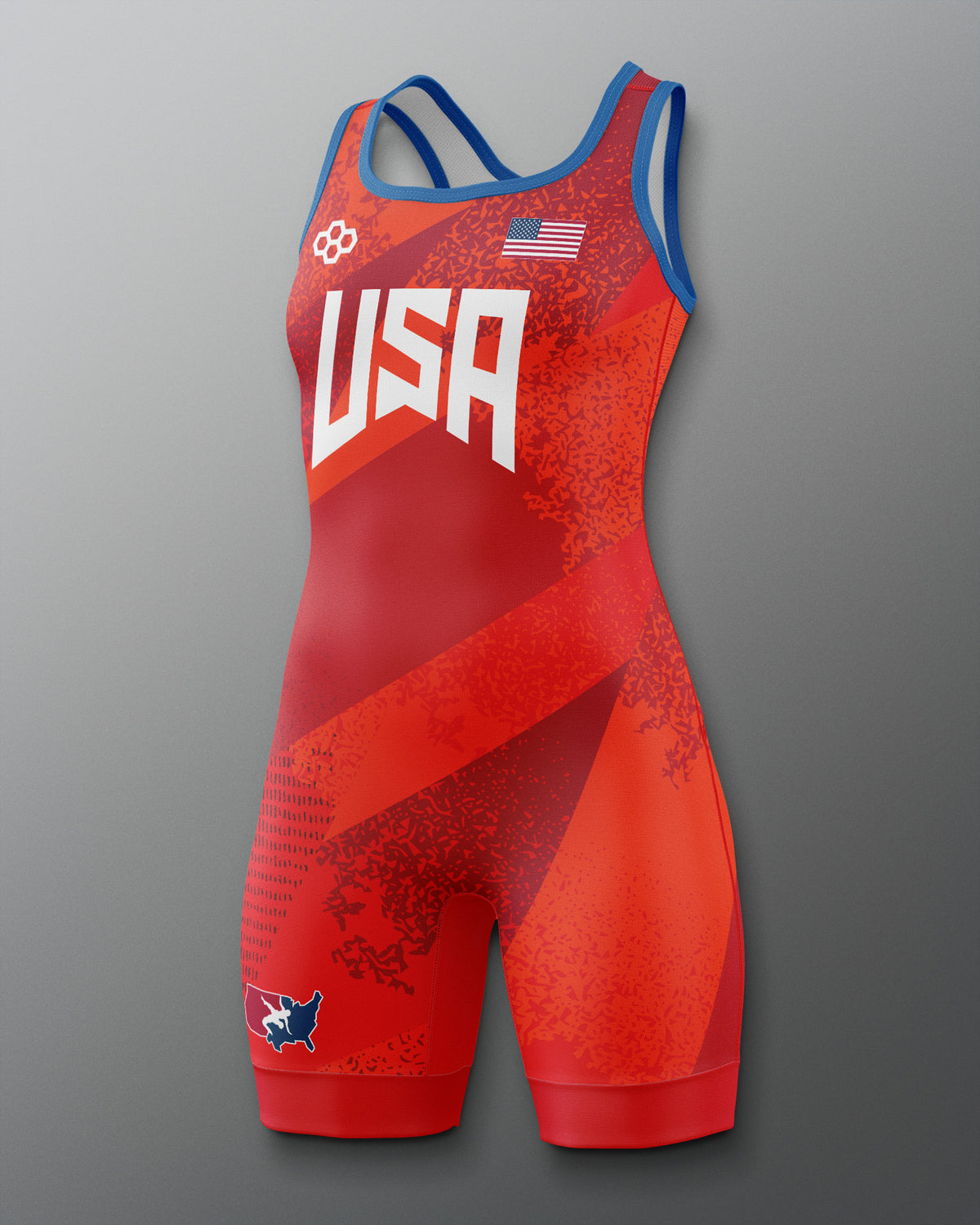 Red Freestyle wrestling singlet with 'USA' text on a gray background