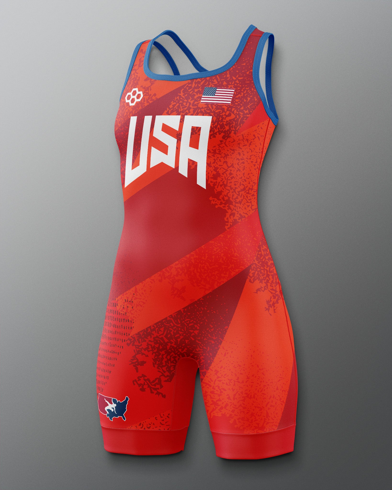 Red Freestyle wrestling singlet with 'USA' text on a gray background