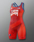 Red Freestyle wrestling singlet with 'USA' text on a gray background