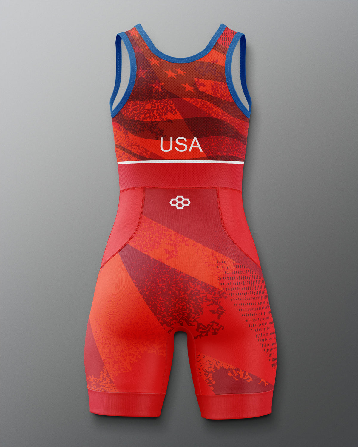 Red and blue freestyle wrestling singlet with 'USA' branding on a gray background