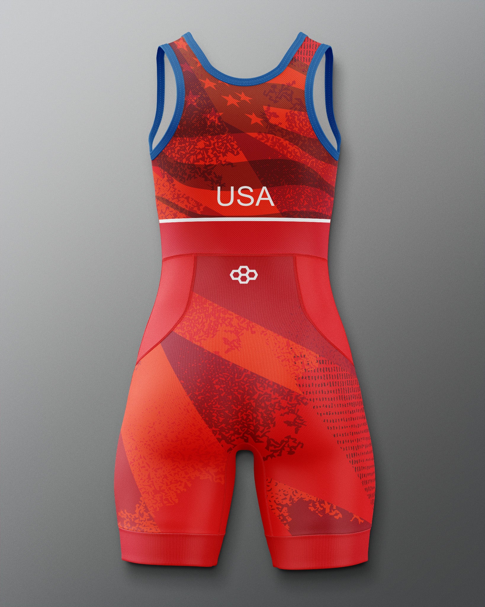 Red and blue freestyle wrestling singlet with 'USA' branding on a gray background