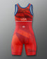 Red and blue freestyle wrestling singlet with 'USA' branding on a gray background