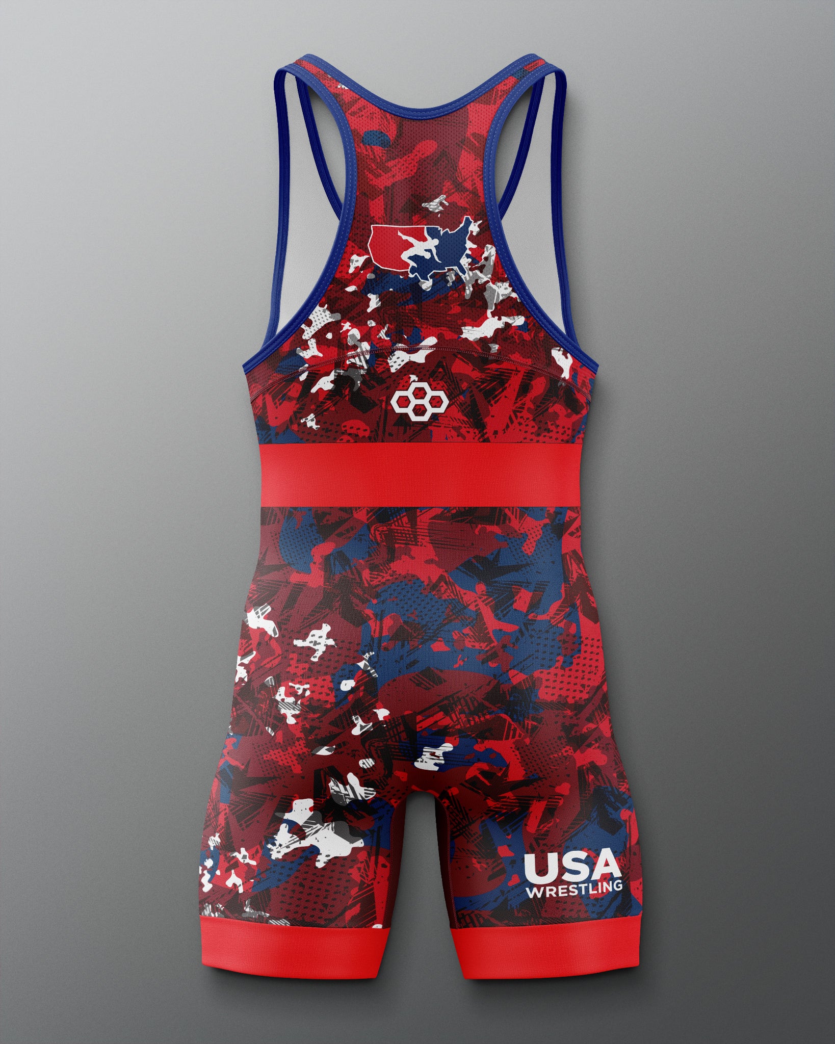 Red and blue Freestyle wrestling singlet with USA Wrestling logo on a gray background