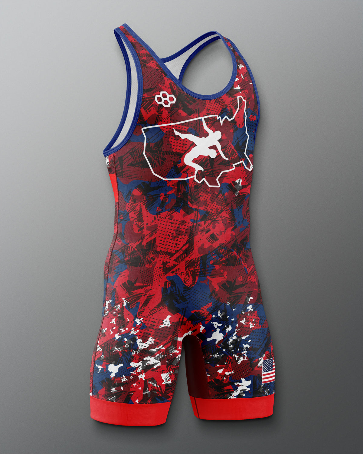 Freestyle Wrestling singlet with red, blue, and white design on a gray background
