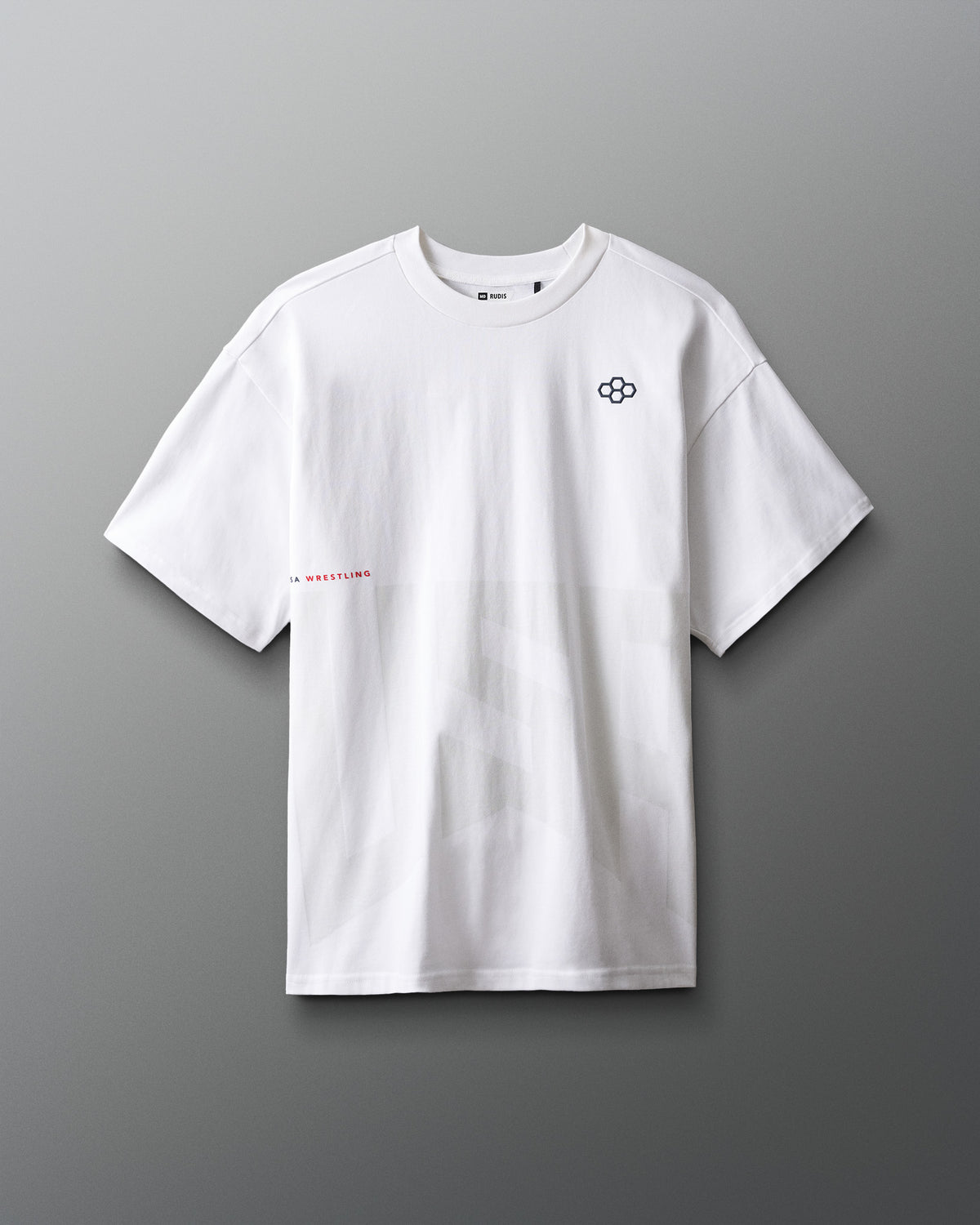 White t-shirt with a logo on a gray background