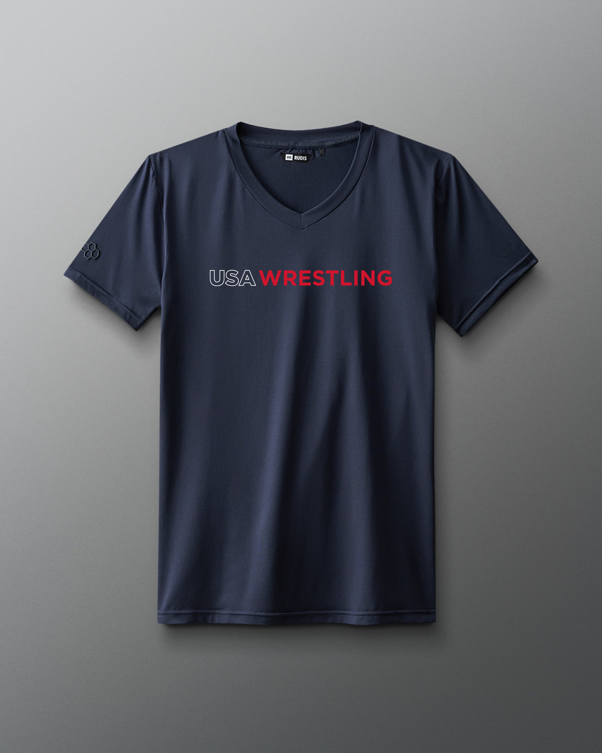 Navy blue t-shirt with 'USA Wrestling' text on a gray background