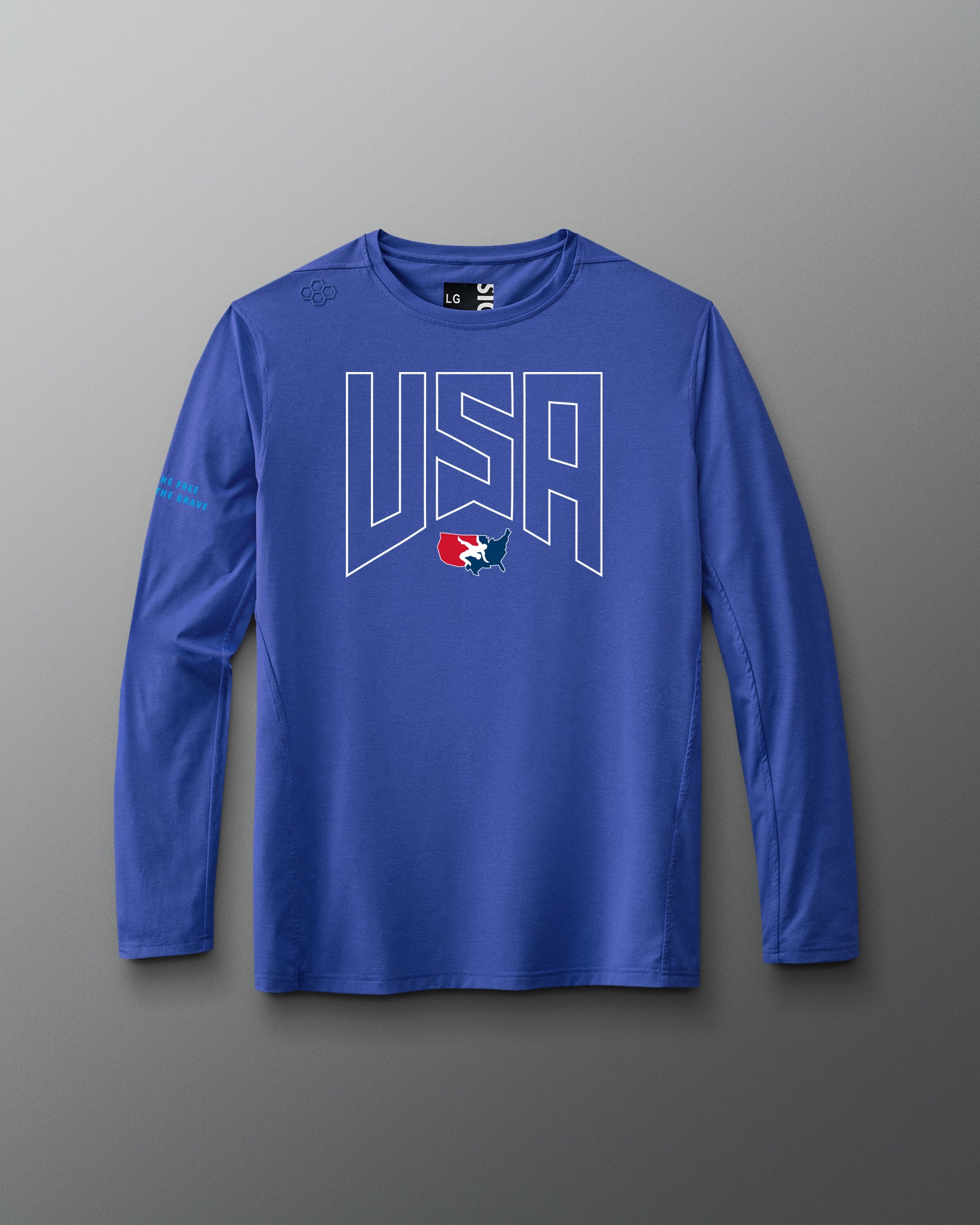 Blue long-sleeve shirt with 'USA' and logo on a gradient background