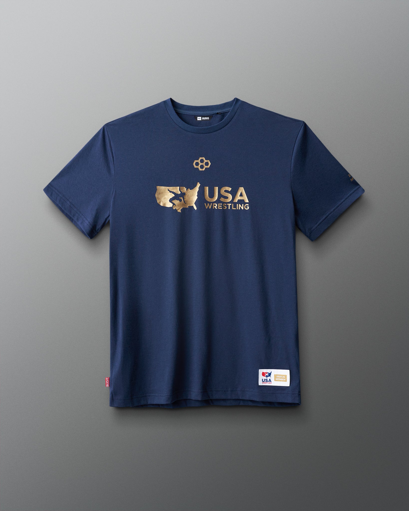 Navy blue t-shirt with USA Wrestling logo on a yellow background