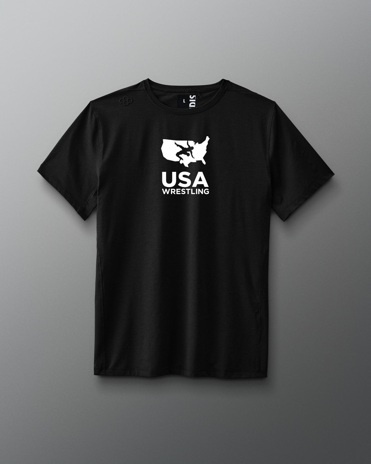 Black t-shirt with USA Wrestling logo on a gray background