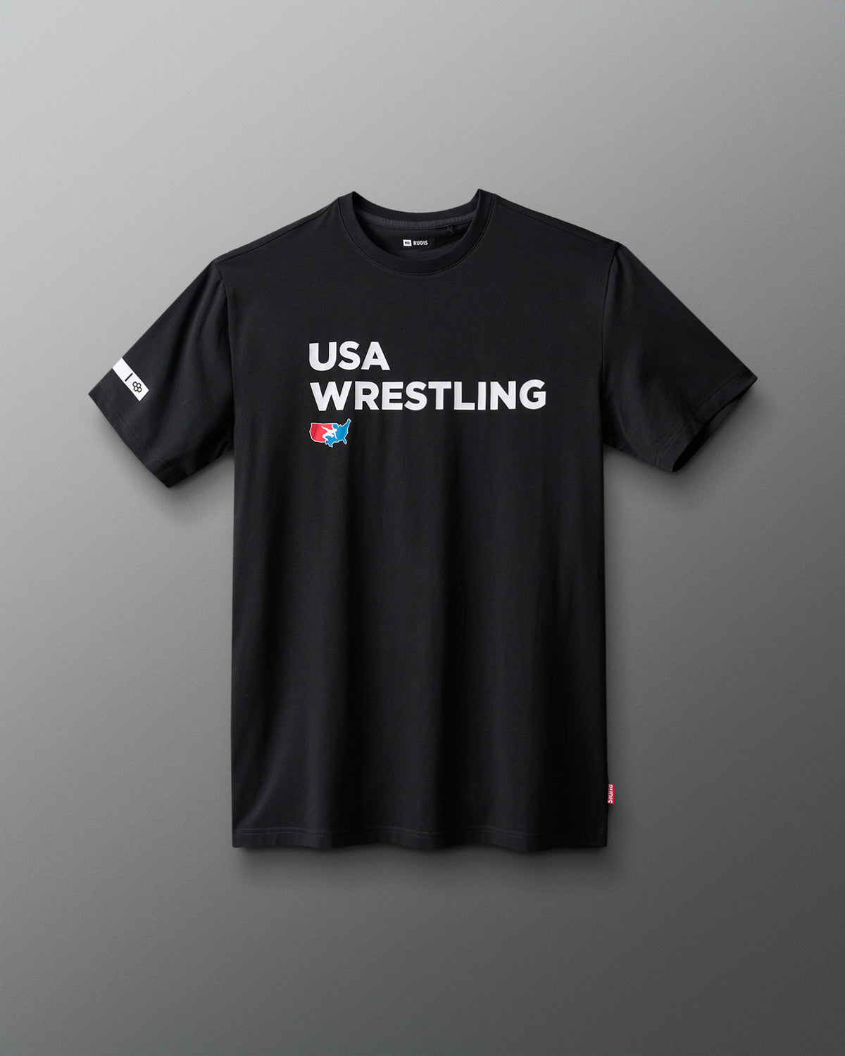 Black t-shirt with 'USA Wrestling' logo on a gray background