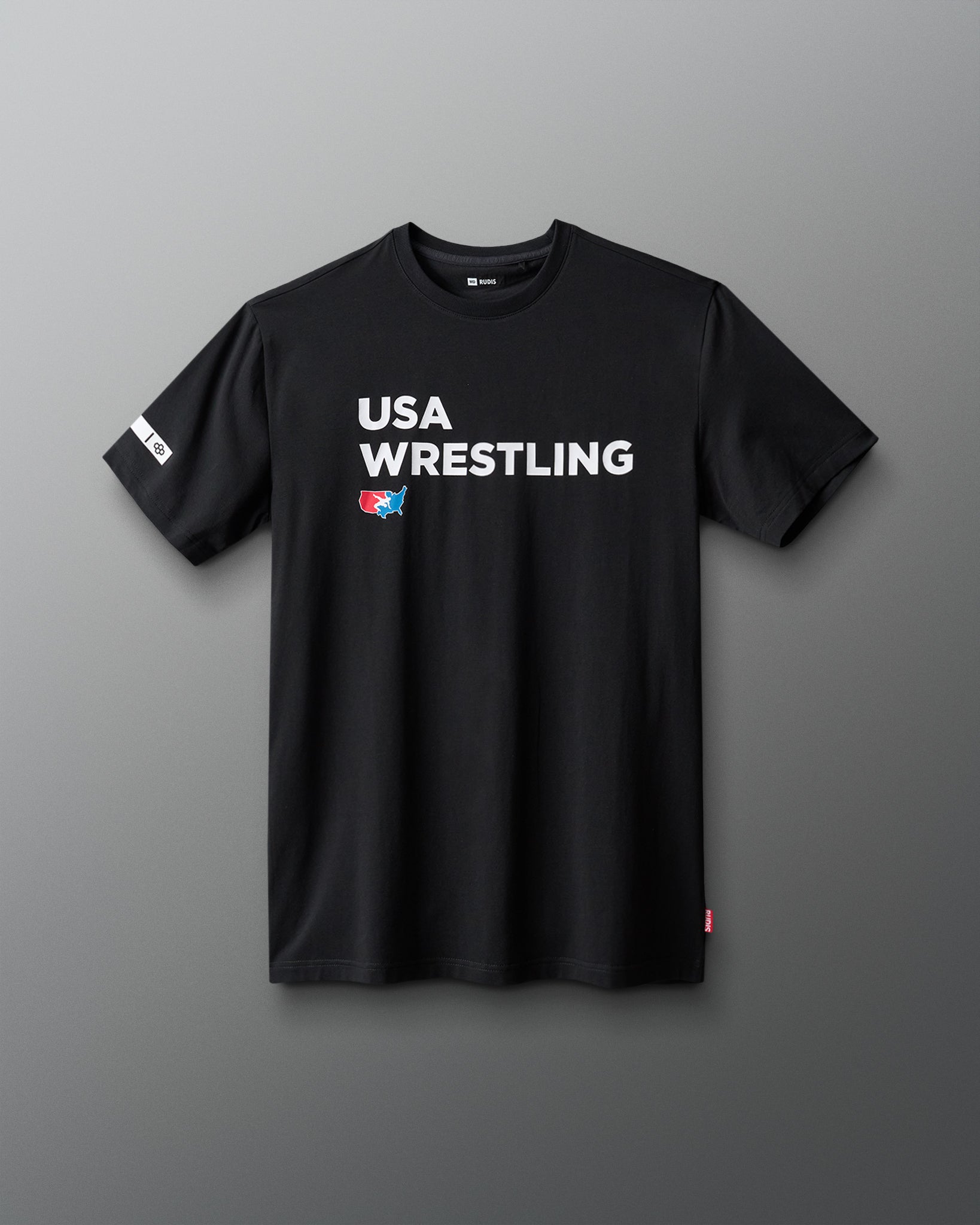 Black t-shirt with 'USA Wrestling' logo on a gray background