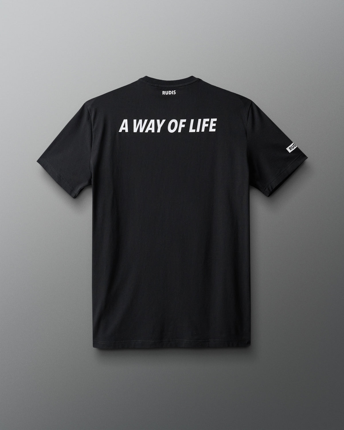 Black t-shirt with 'A Way of Life' text on the back against a gray background