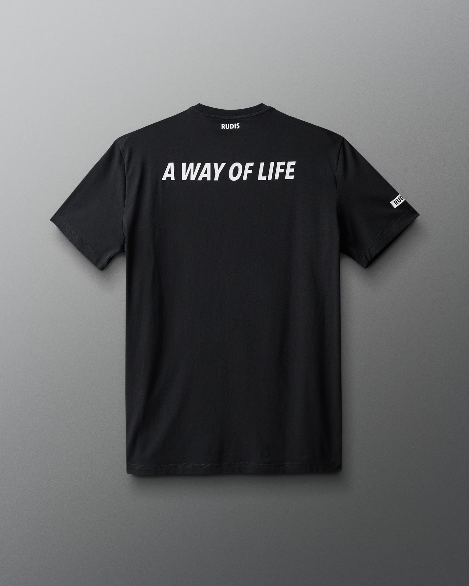 Black t-shirt with 'A Way of Life' text on the back against a gray background