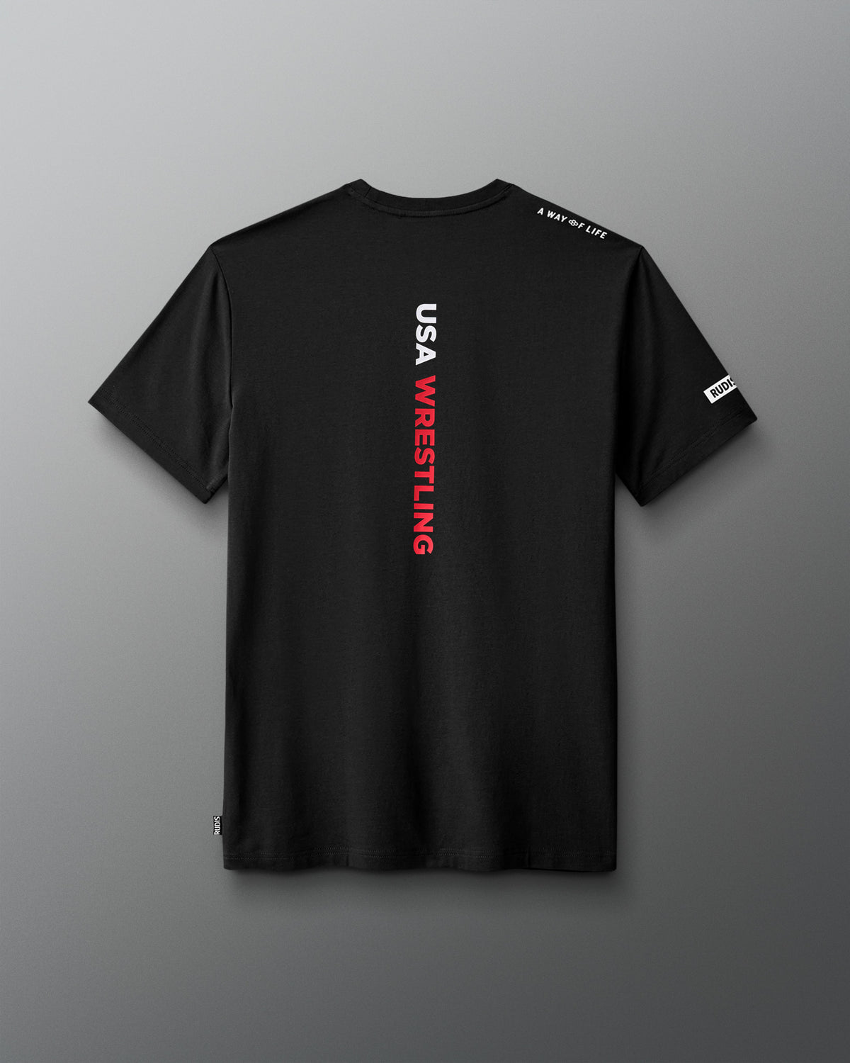 Black t-shirt with 'USA Wrestling' text on the back against a gray background