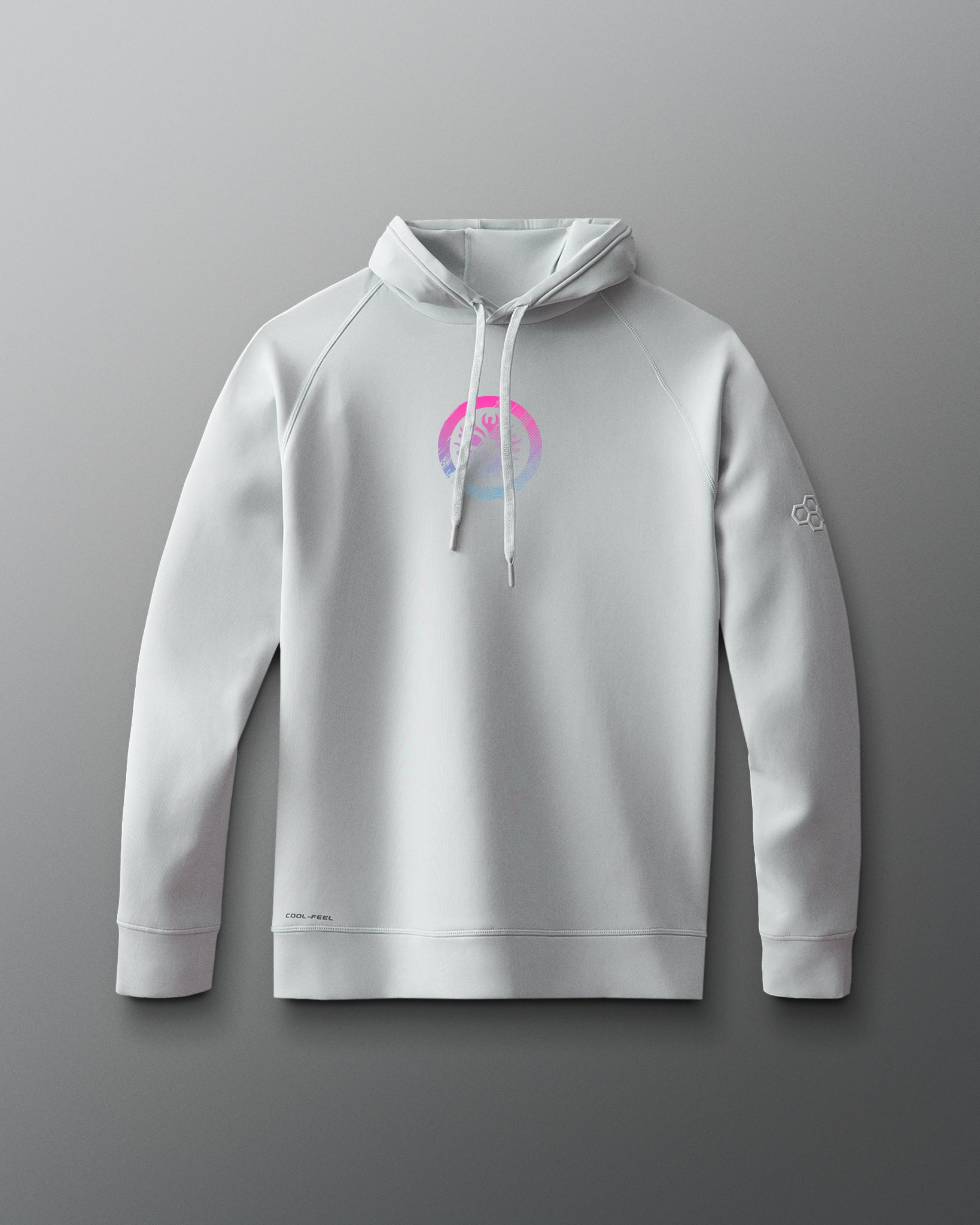 Gray hoodie with a colorful logo on a gray background