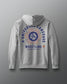 Gray hoodie with colorful graphic and text on the back against a gray background
