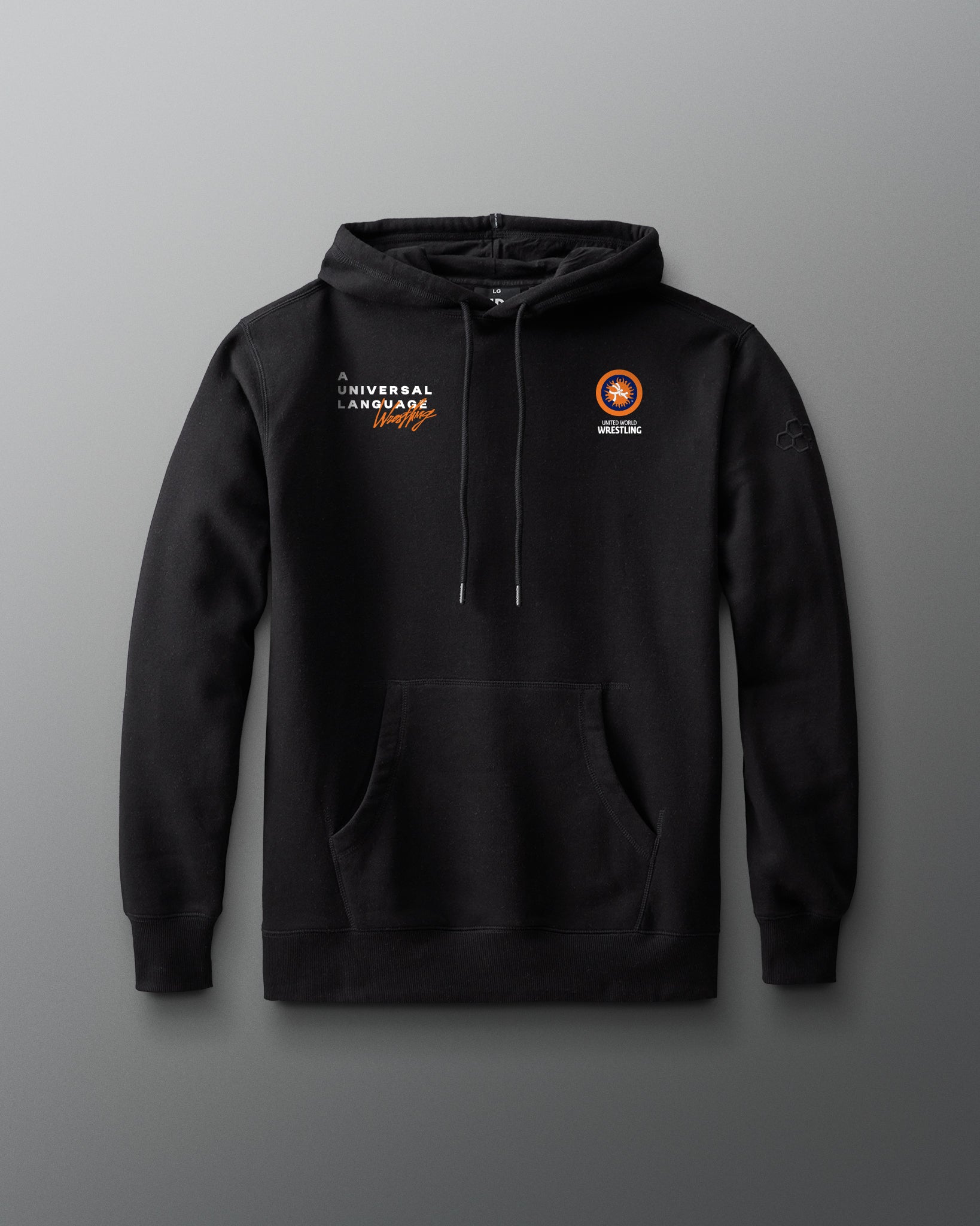 Black hoodie with logos on a gray background