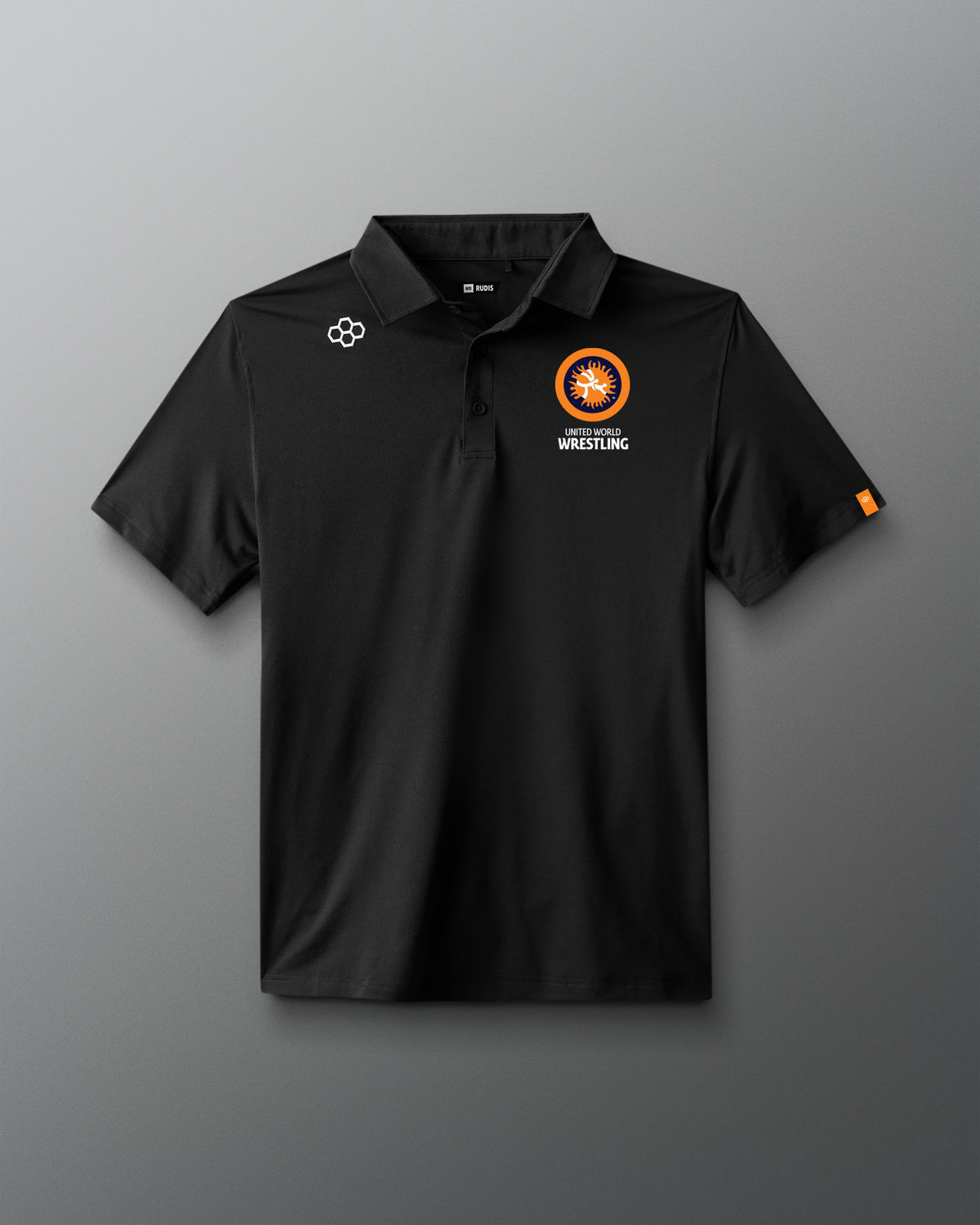 Black polo shirt with logos on a gray background