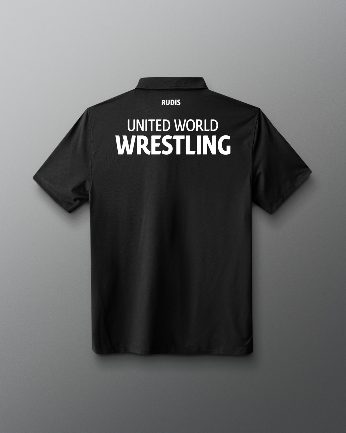 Black shirt with 'United World Wrestling' text on the back against a gray background