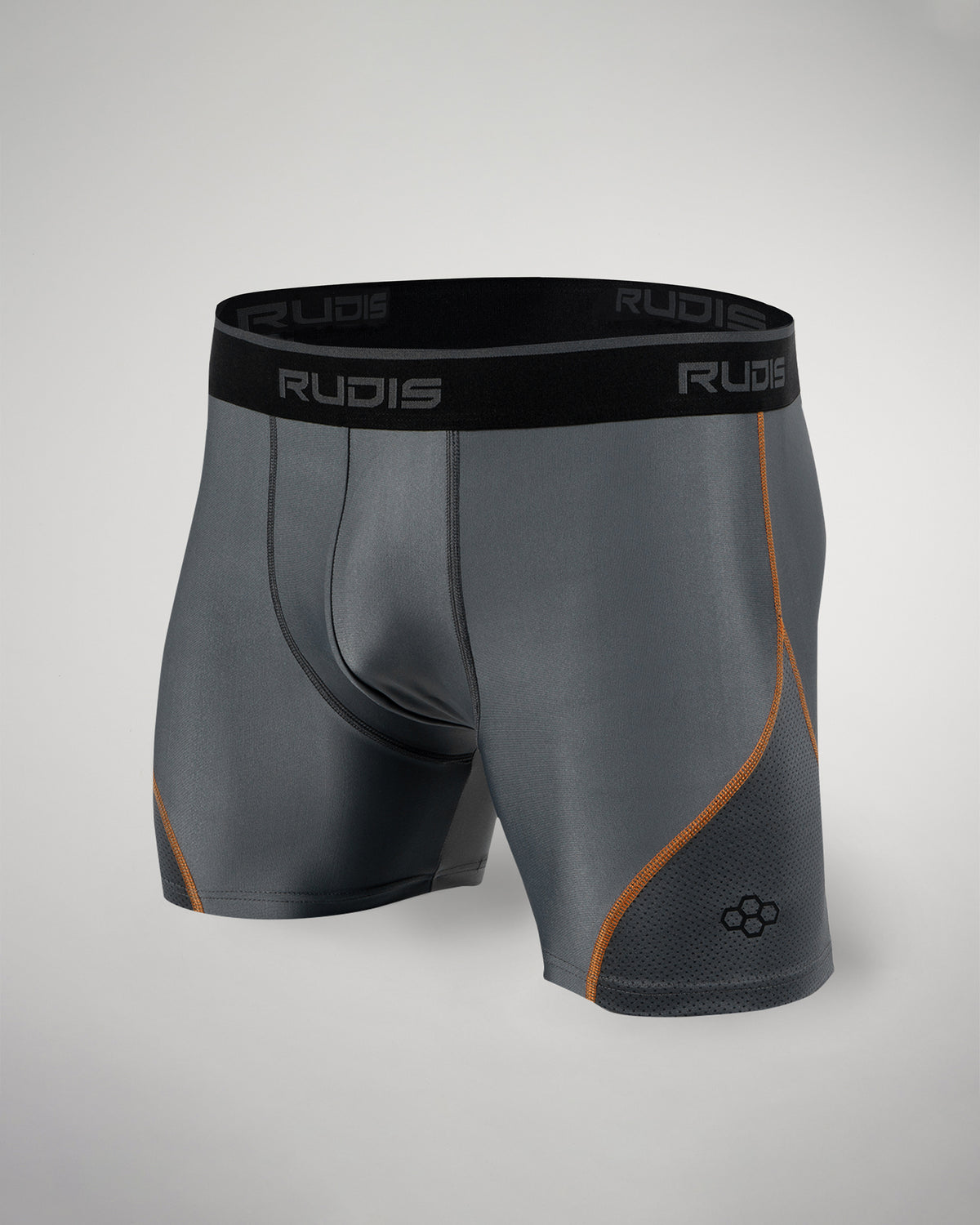 Mens gray athletic shorts featuring a sleek design breathable fabric and a black waistband with RUDIS branding