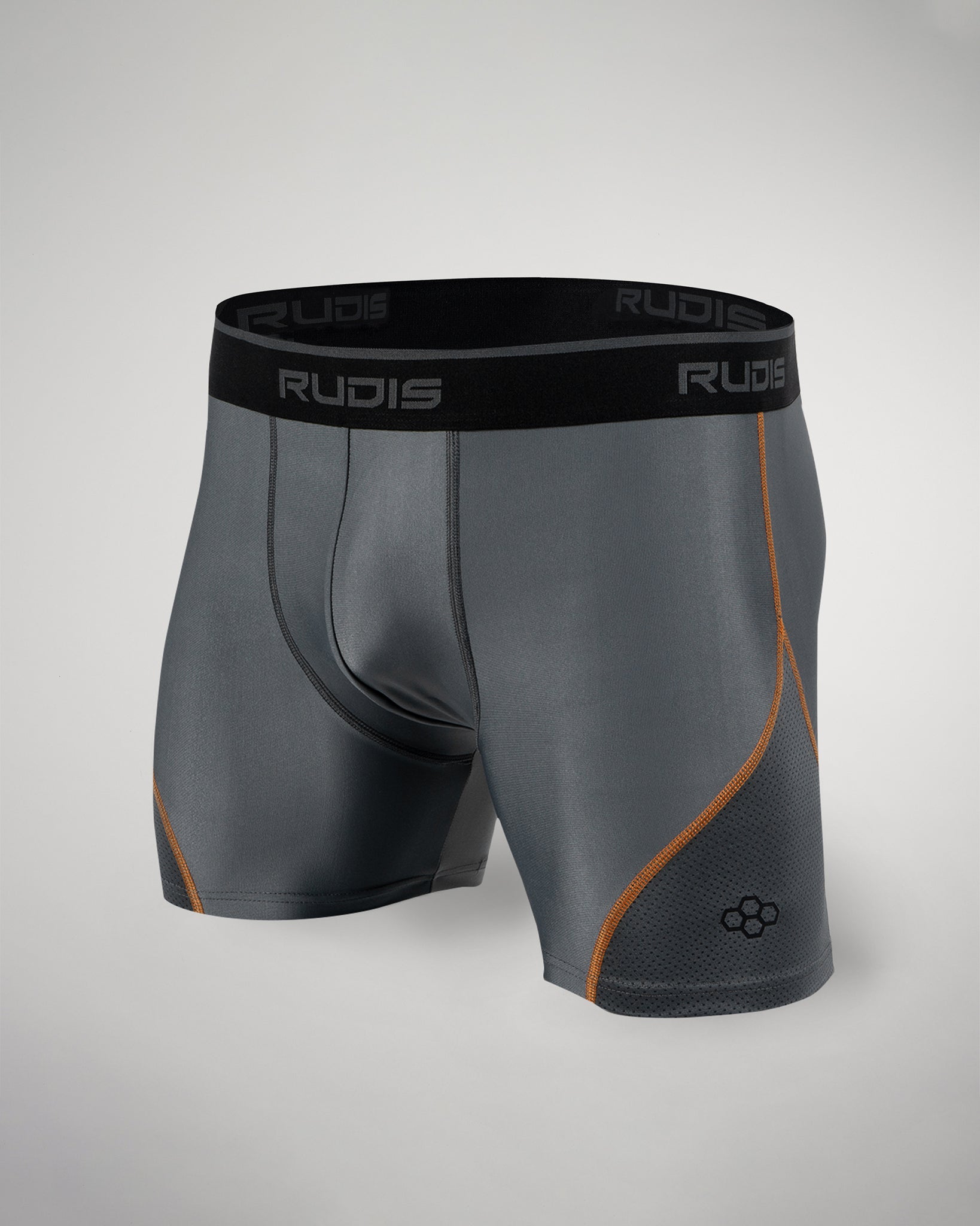 Mens gray athletic shorts featuring a sleek design breathable fabric and a black waistband with RUDIS branding