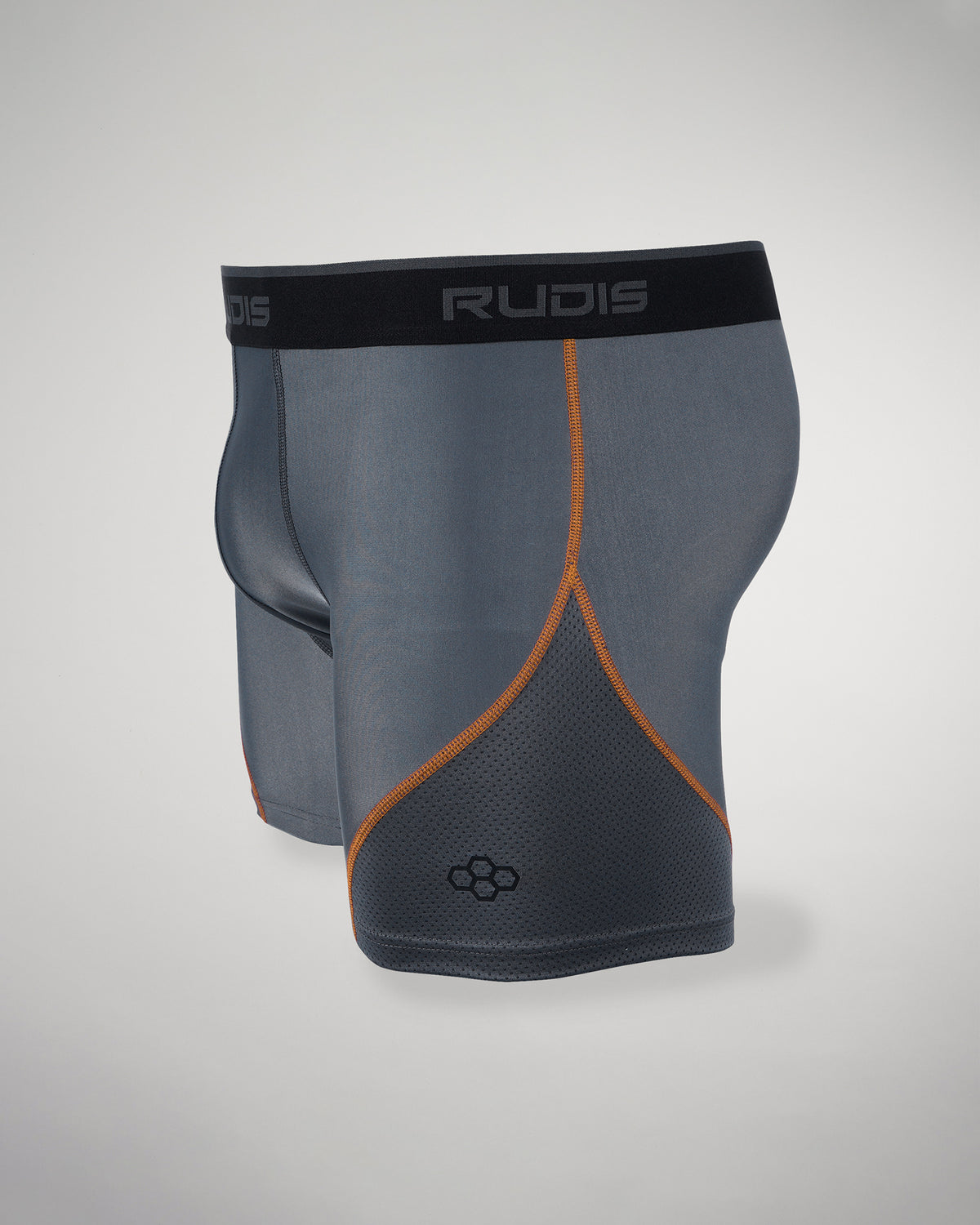 A pair of mens athletic boxer briefs in dark gray featuring a snug fit orange accent stitching and a breathable design for comfort and performance